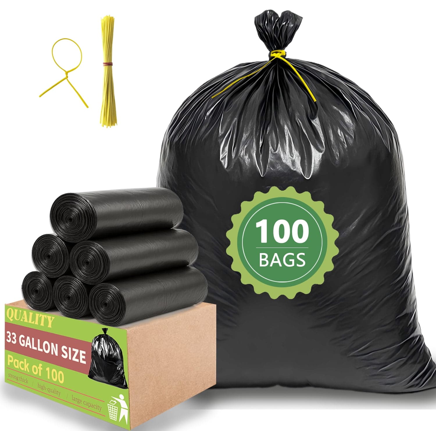 Túi Rác 33 Gallon (100 Túi), Túi Rác 30-32 Gallon, Túi Mật Độ Cao Có Dây Buộc
